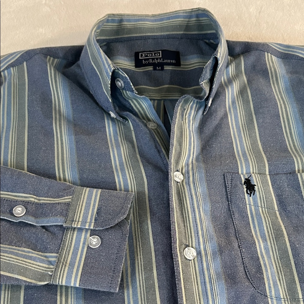 Vintage Polo by Ralph Lauren Men's Shirt with Blue and Green Stripes. Sz M - Picture 4 of 13